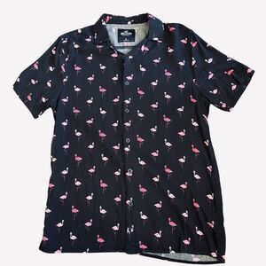 Hollister Hawaiian Pink Flamingo Black Button Up Shirt 100% Viscose Men’s Size M